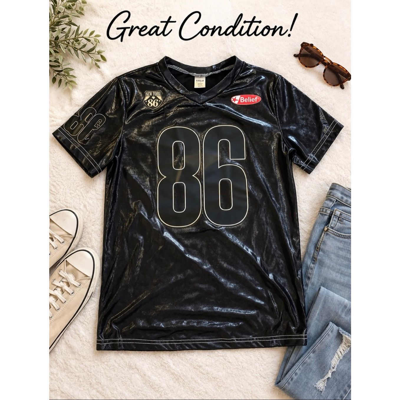 Shein Brand Black FootballStyle Jersey New York 86 And Belief Graphics Girl